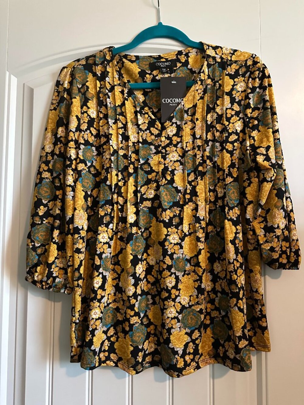 NWT Cocomo Petite Yellow Floral Pleated Top PXL